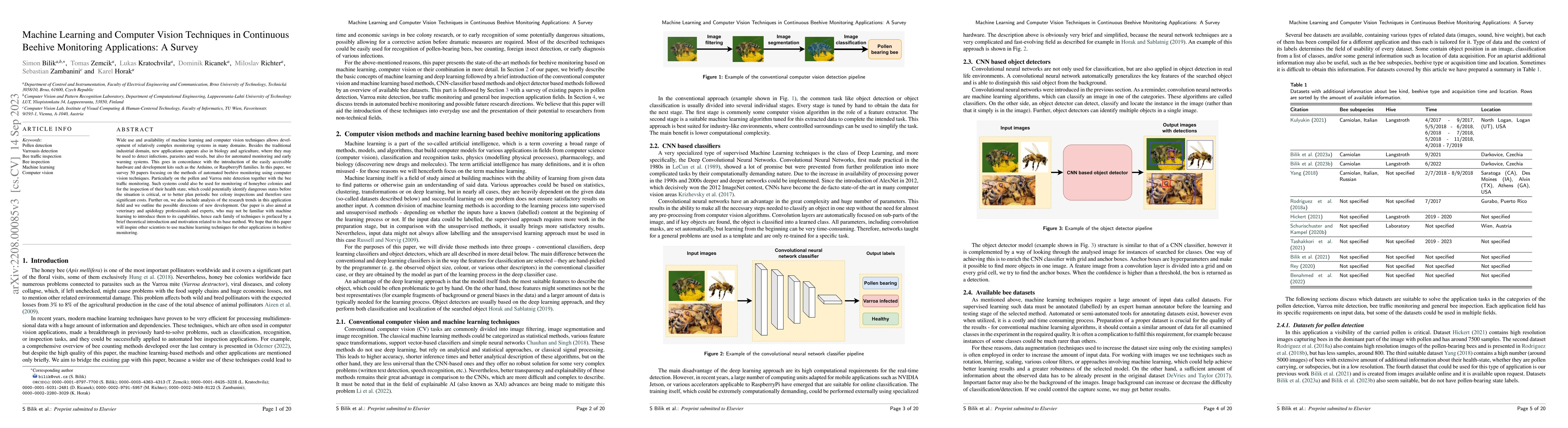 Thumbnail for Machine Learning and Computer Vision Techniques in Continuous Beehive
  Monitoring Applications: A survey