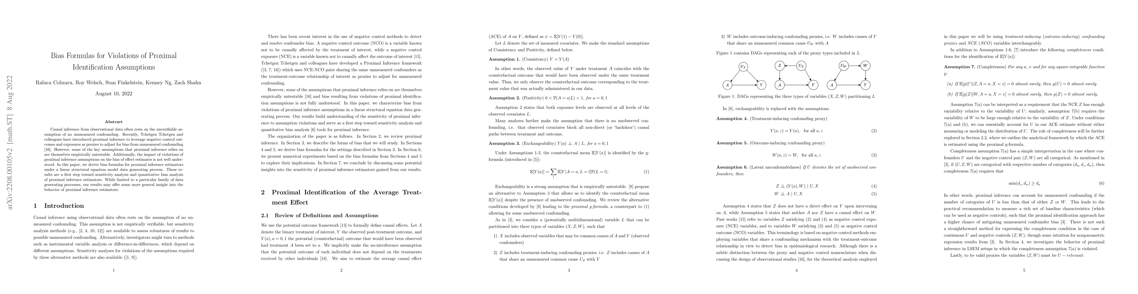 Thumbnail for Bias Formulas for Violations of Proximal Identification Assumptions