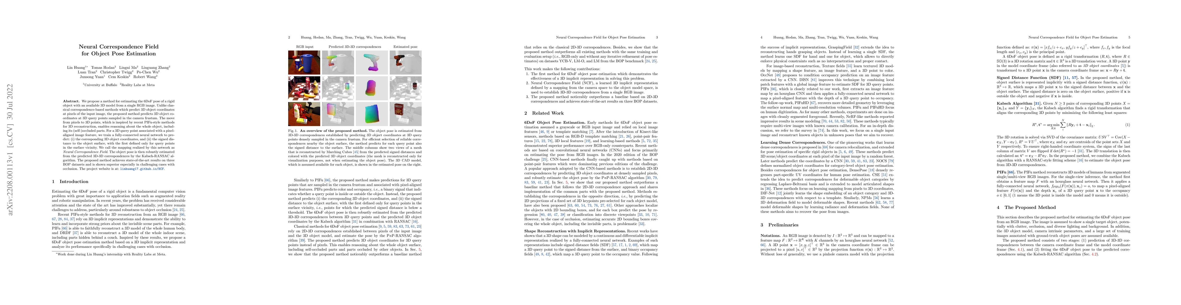 Thumbnail for Neural Correspondence Field for Object Pose Estimation