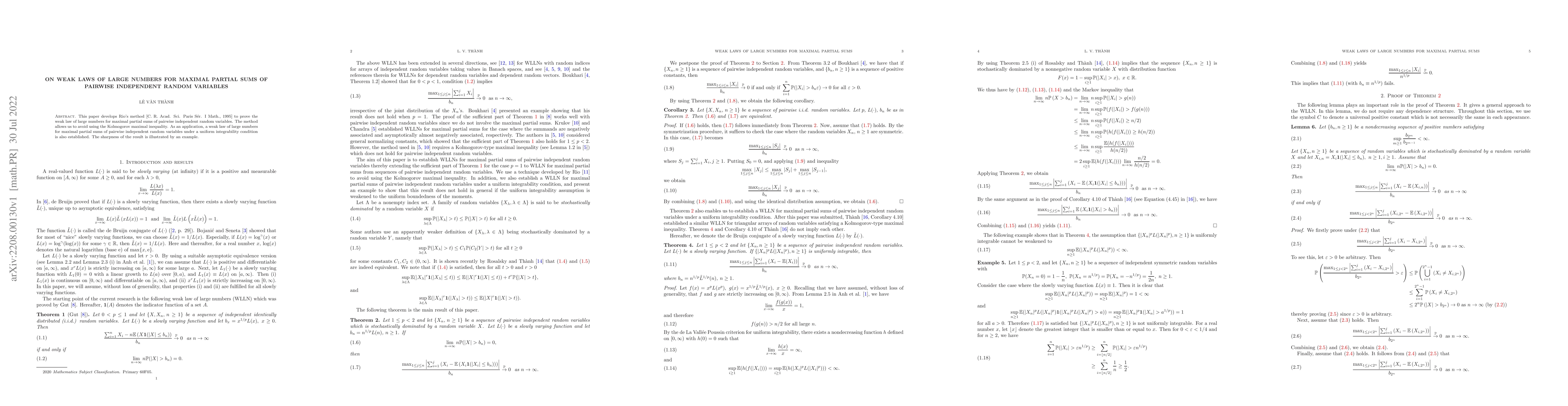 Thumbnail for On weak laws of large numbers for maximal partial sums of pairwise
  independent random variables