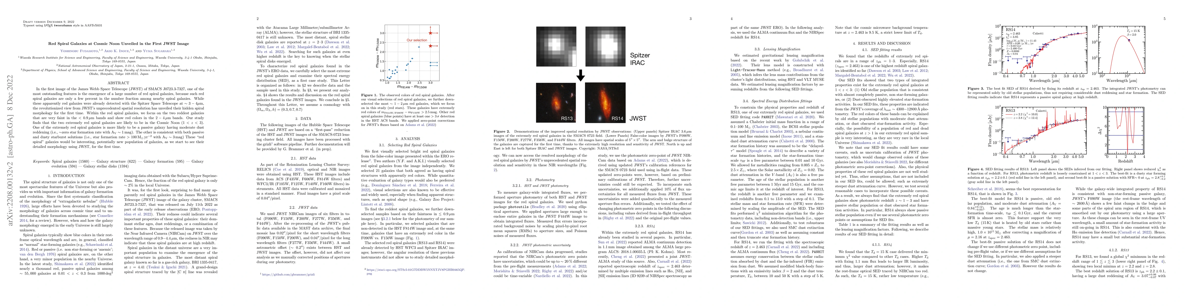 Thumbnail for Red Spiral Galaxies in the Cosmic Noon Unveiled in the First JWST Image