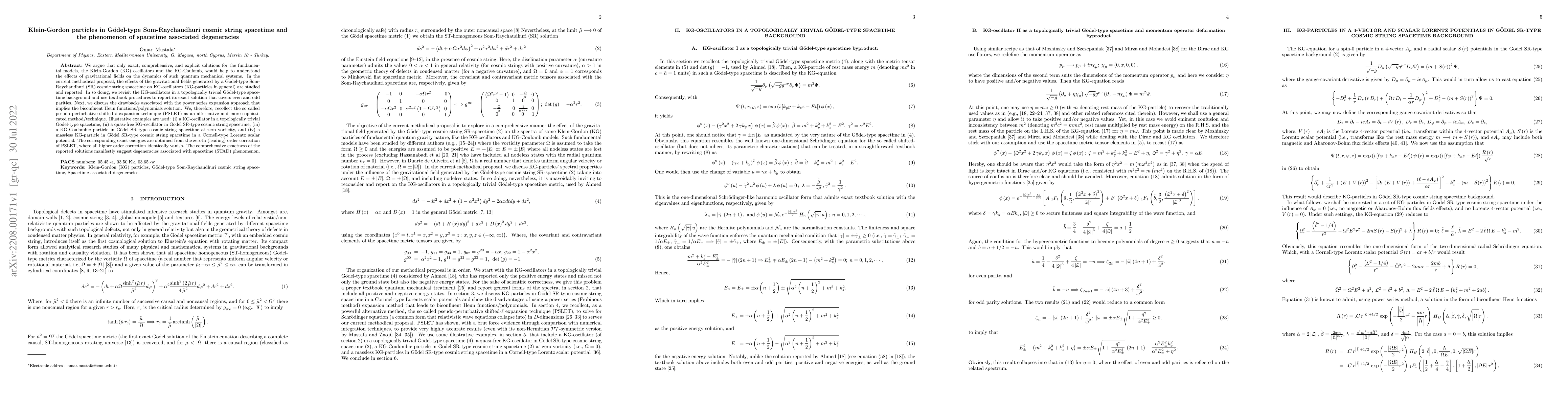 Thumbnail for Klein-Gordon particles in G\"odel-type Som-Raychaudhuri cosmic string
  spacetime and the phenomenon of spacetime associated degeneracies