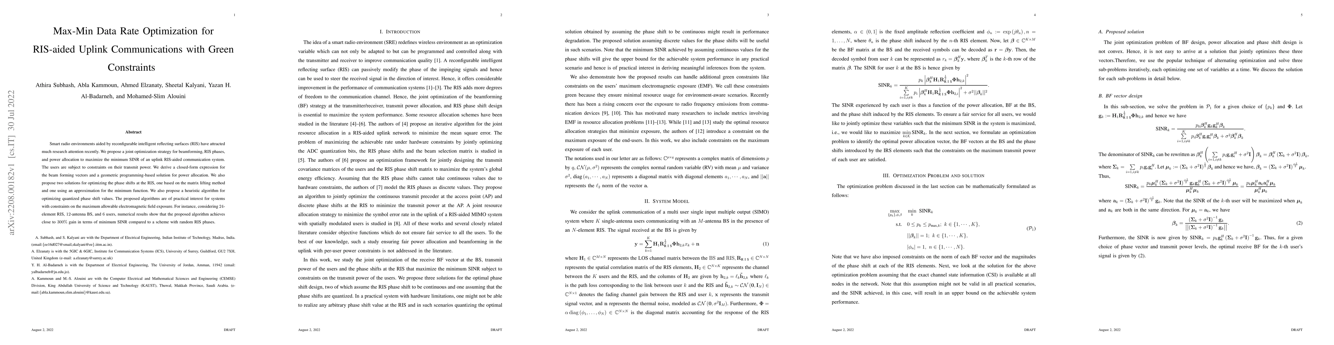 Thumbnail for Max-Min Data Rate Optimization for RIS-aided Uplink Communications with
  Green Constraints