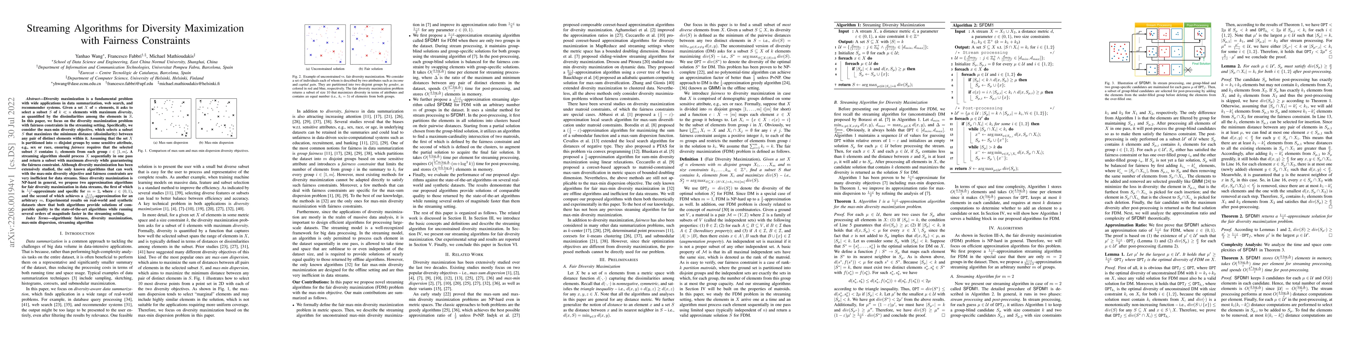 Thumbnail for Streaming Algorithms for Diversity Maximization with Fairness
  Constraints