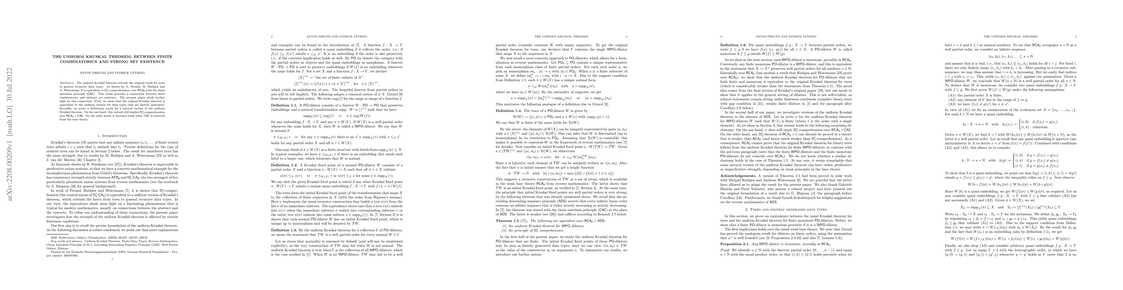 Thumbnail for The uniform Kruskal theorem: between finite combinatorics and strong set
  existence