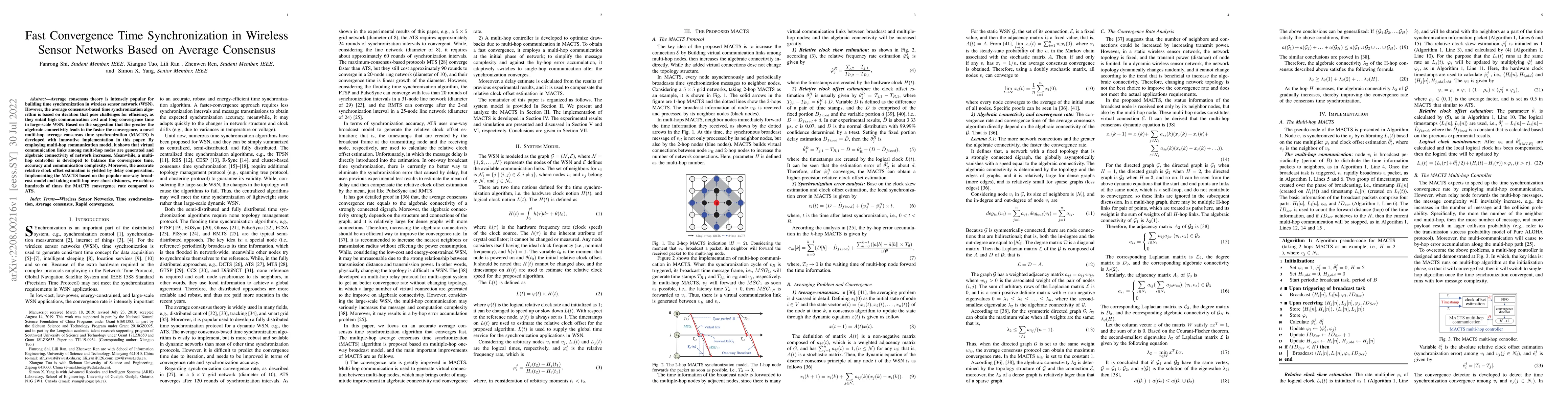 Thumbnail for Fast Convergence Time Synchronization in Wireless Sensor Networks Based
  on Average Consensus