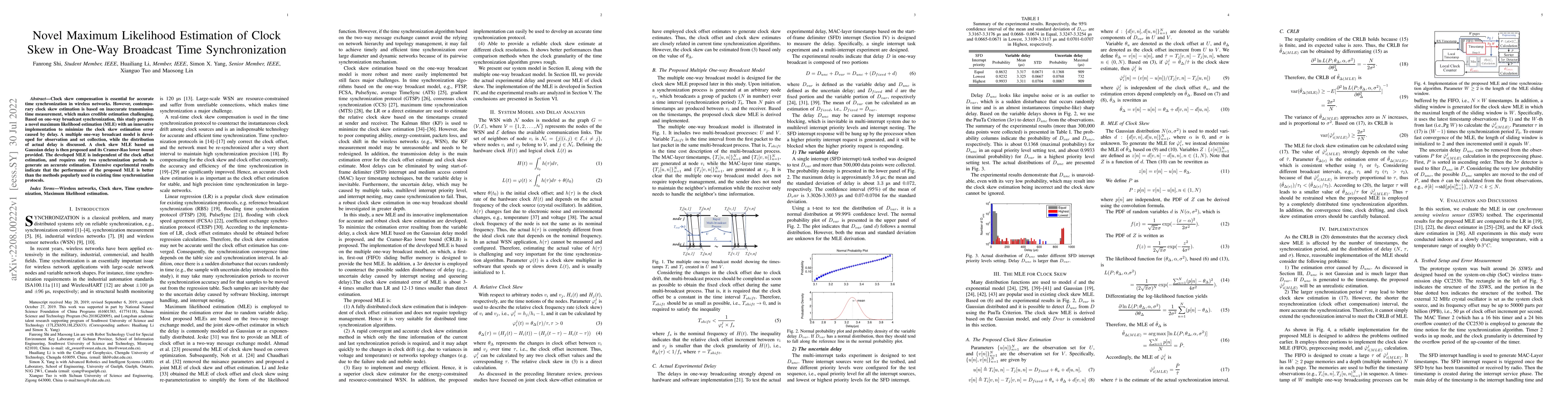 Thumbnail for Novel Maximum Likelihood Estimation of Clock Skew in One-Way Broadcast
  Time Synchronization