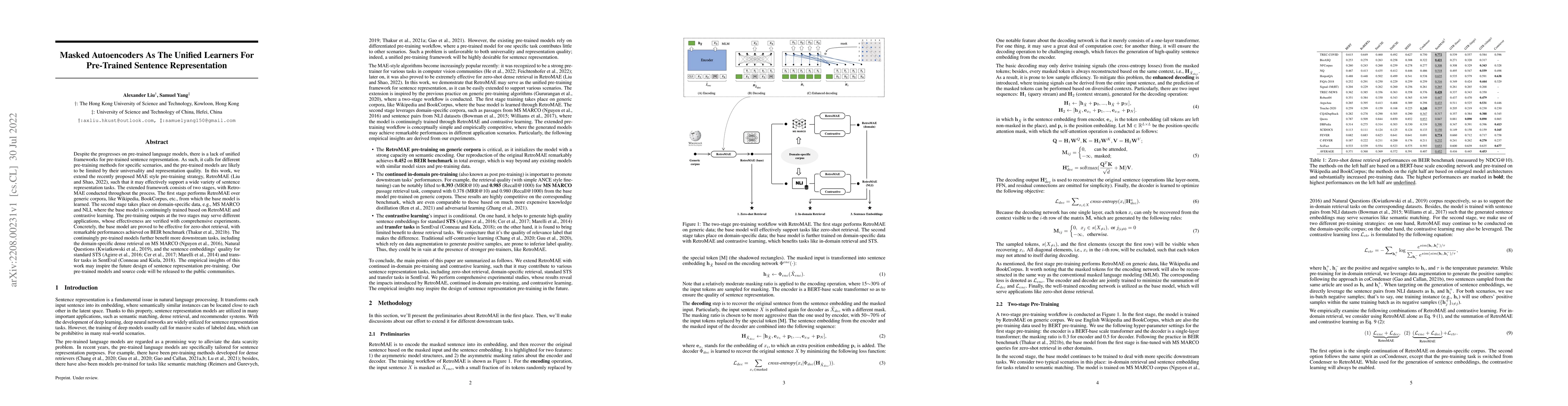 Thumbnail for Masked Autoencoders As The Unified Learners For Pre-Trained Sentence
  Representation