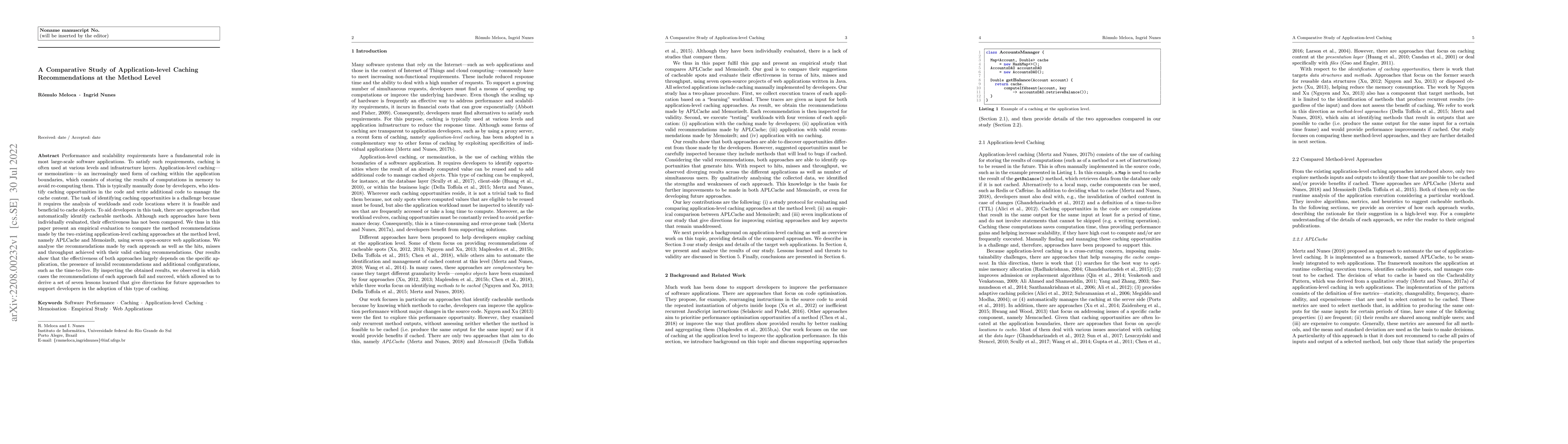Thumbnail for A Comparative Study of Application-level Caching Recommendations at the
  Method Level