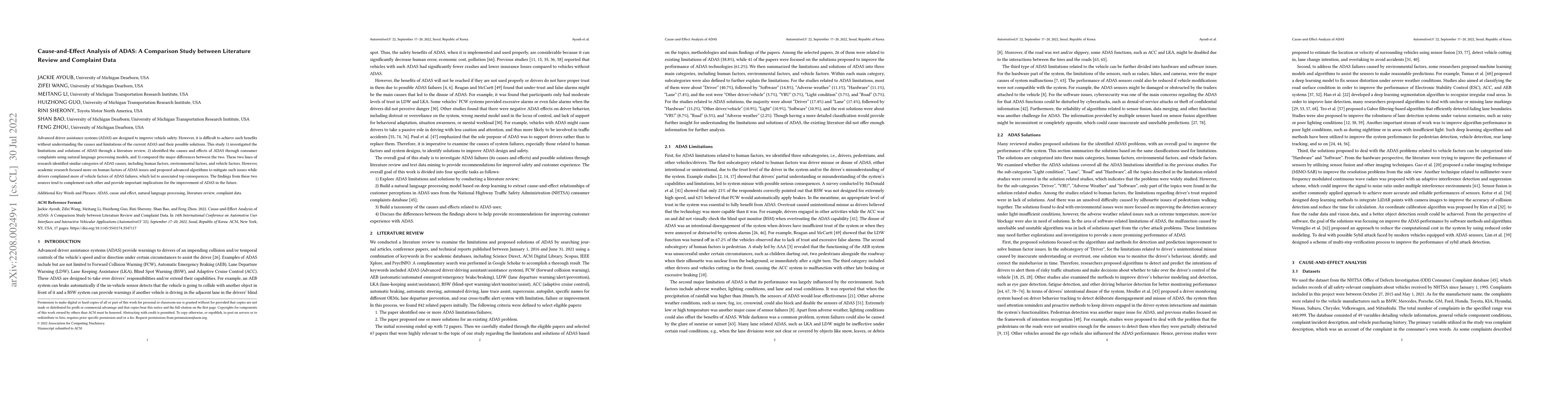 Thumbnail for Cause-and-Effect Analysis of ADAS: A Comparison Study between Literature
  Review and Complaint Data