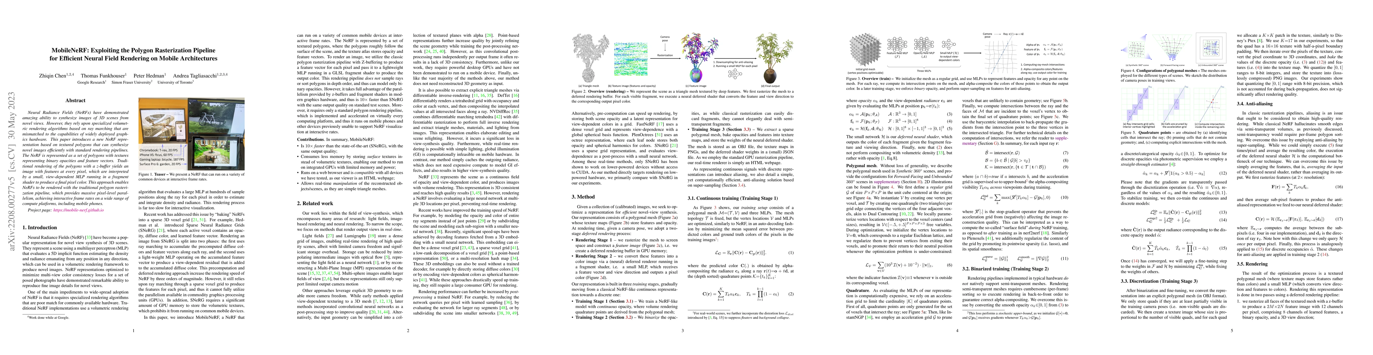 Thumbnail for MobileNeRF: Exploiting the Polygon Rasterization Pipeline for Efficient
  Neural Field Rendering on Mobile Architectures