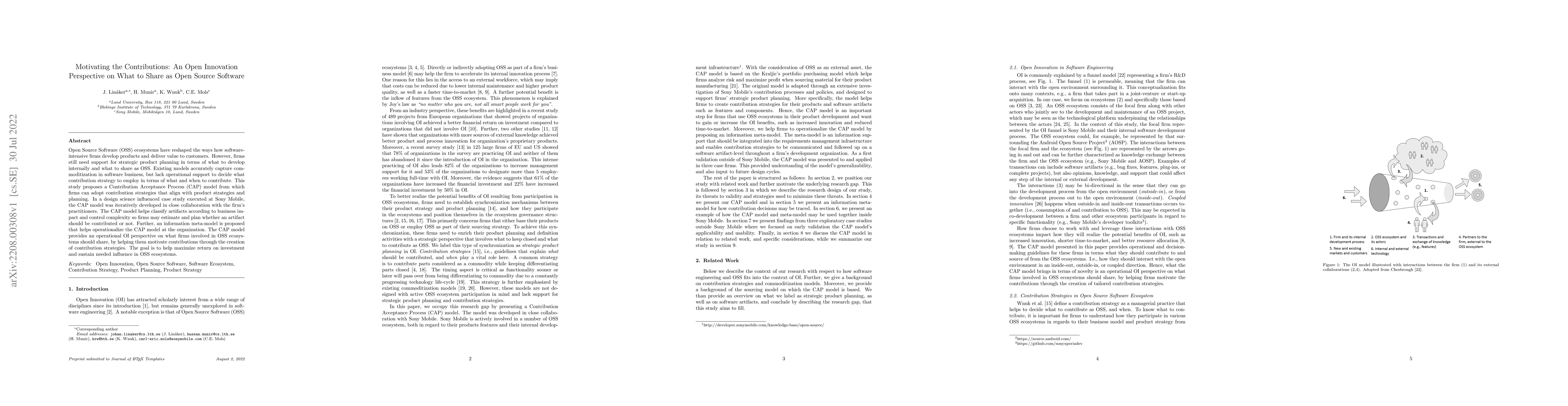 Thumbnail for Motivating the Contributions: An Open Innovation Perspective on What to
  Share as Open Source Software