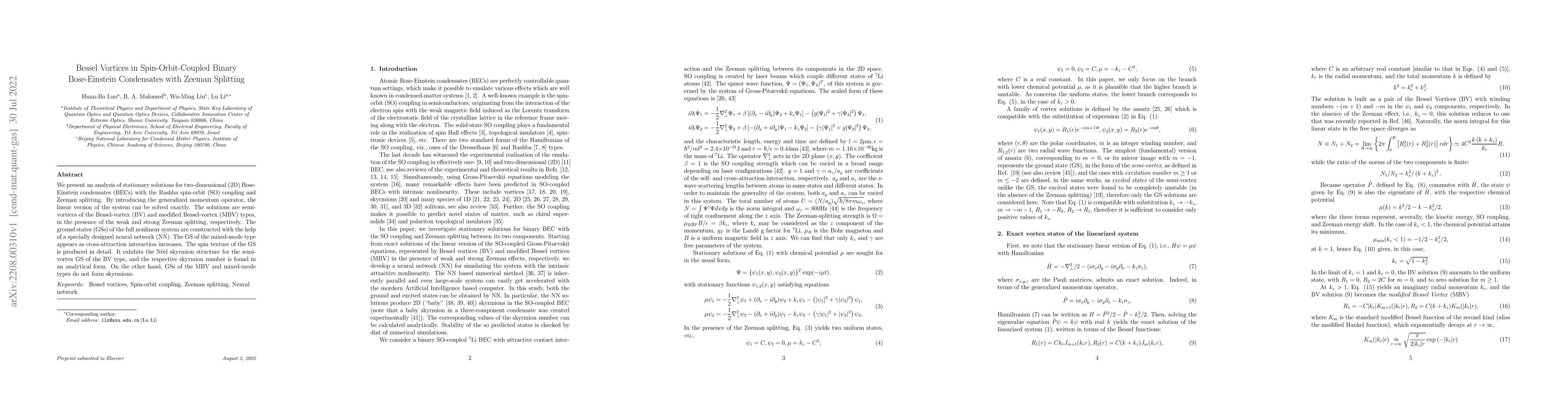 Thumbnail for Bessel Vortices in Spin-Orbit-Coupled Binary Bose-Einstein Condensates
  with Zeeman Splitting