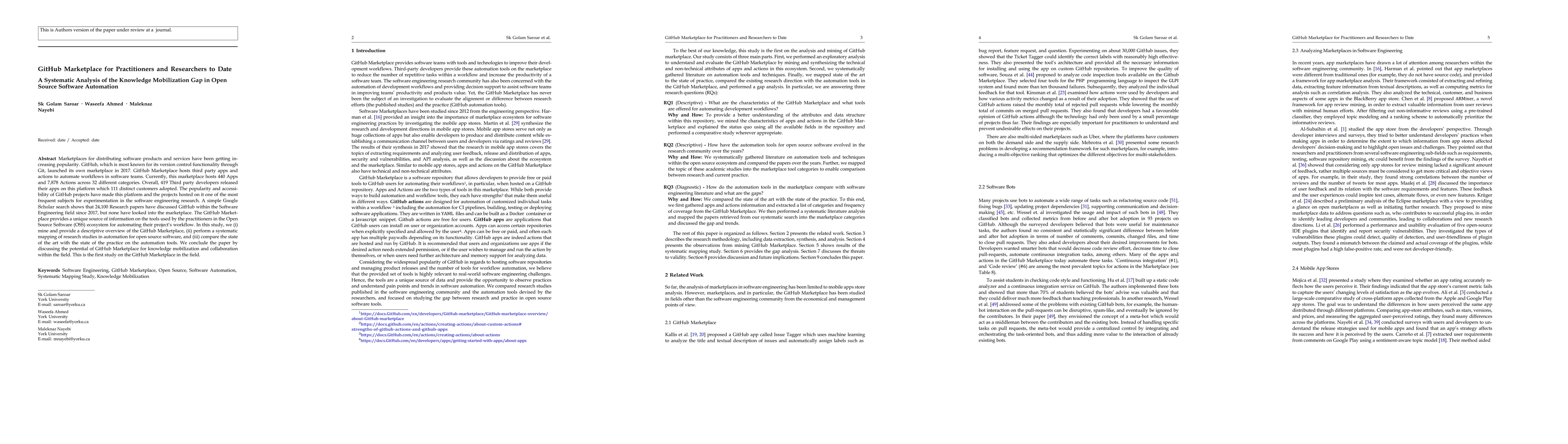 Thumbnail for GitHub Marketplace for Practitioners and Researchers to Date: A
  Systematic Analysis of the Knowledge Mobilization Gap in Open Source Software
  Automation