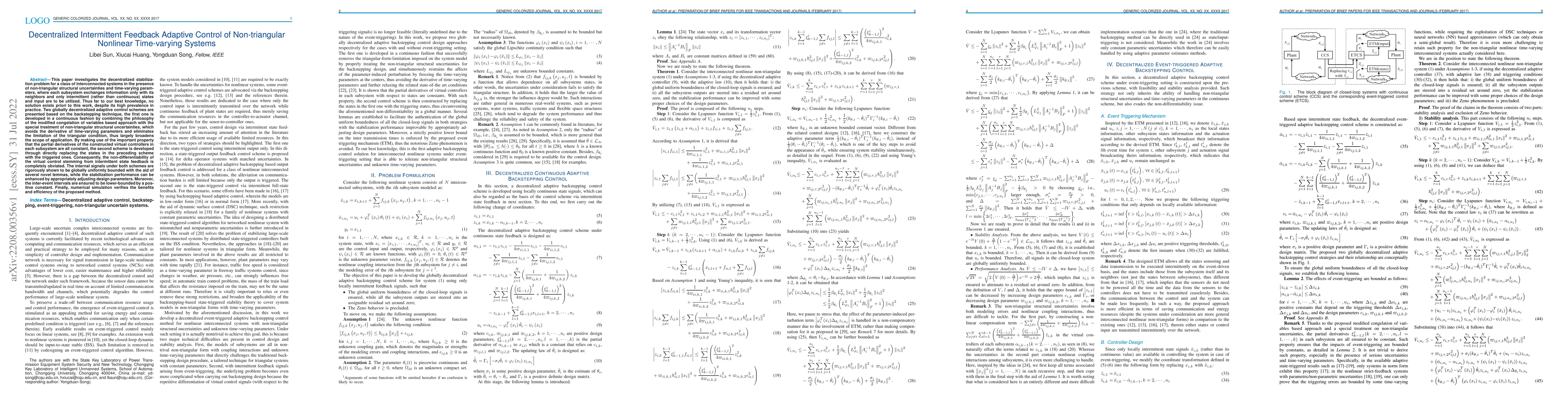 Thumbnail for Decentralized Intermittent Feedback Adaptive Control of Non-triangular
  Nonlinear Time-varying Systems