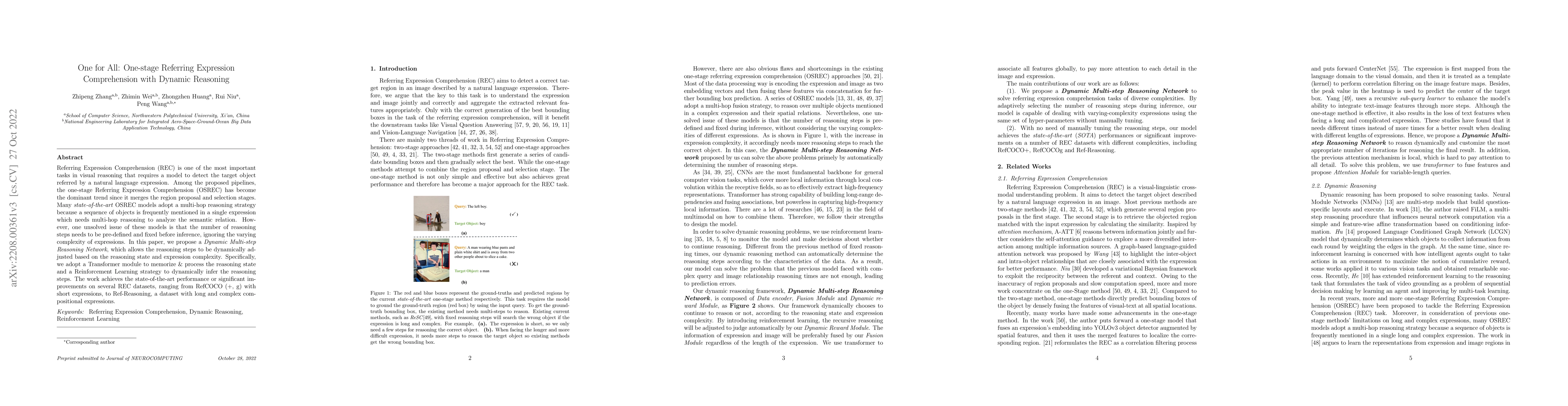 Thumbnail for One for All: One-stage Referring Expression Comprehension with Dynamic
  Reasoning