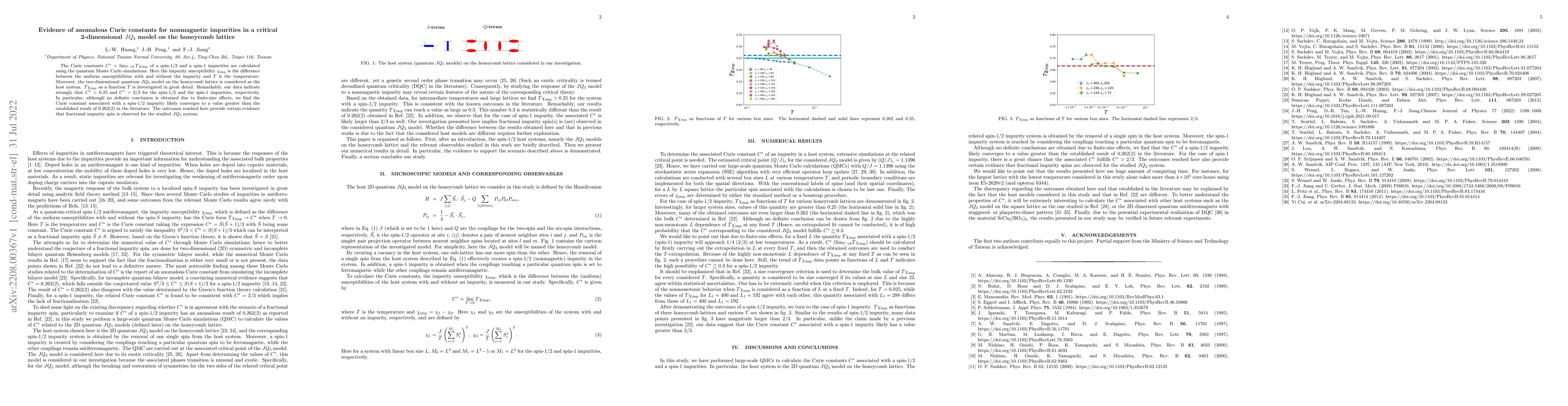 Thumbnail for Evidence of anomalous Curie constants for nonmagnetic impurities in a
  critical 2-dimensional $JQ_3$ model on the honeycomb lattice