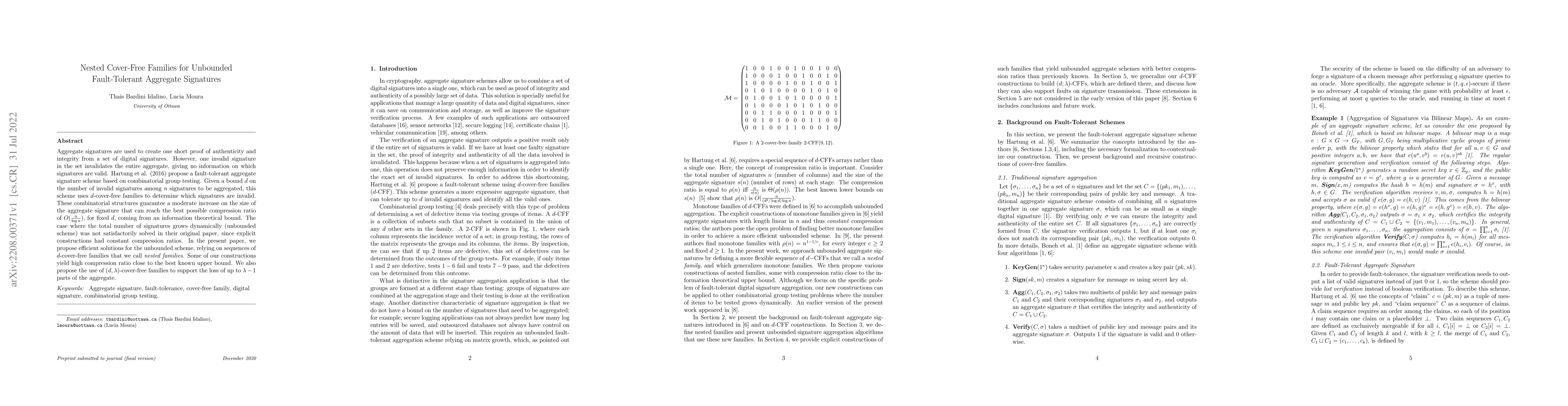 Thumbnail for Nested Cover-Free Families for Unbounded Fault-Tolerant Aggregate
  Signatures