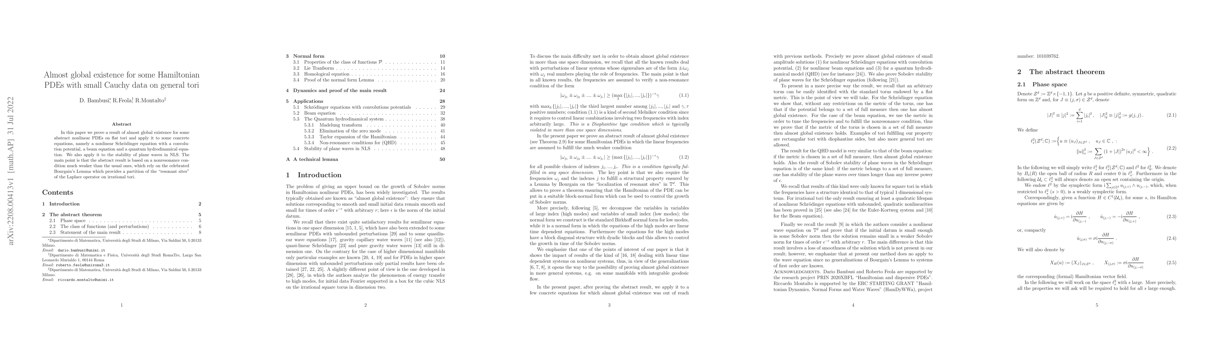 Thumbnail for Almost global existence for some Hamiltonian PDEs with small Cauchy data
  on general tori