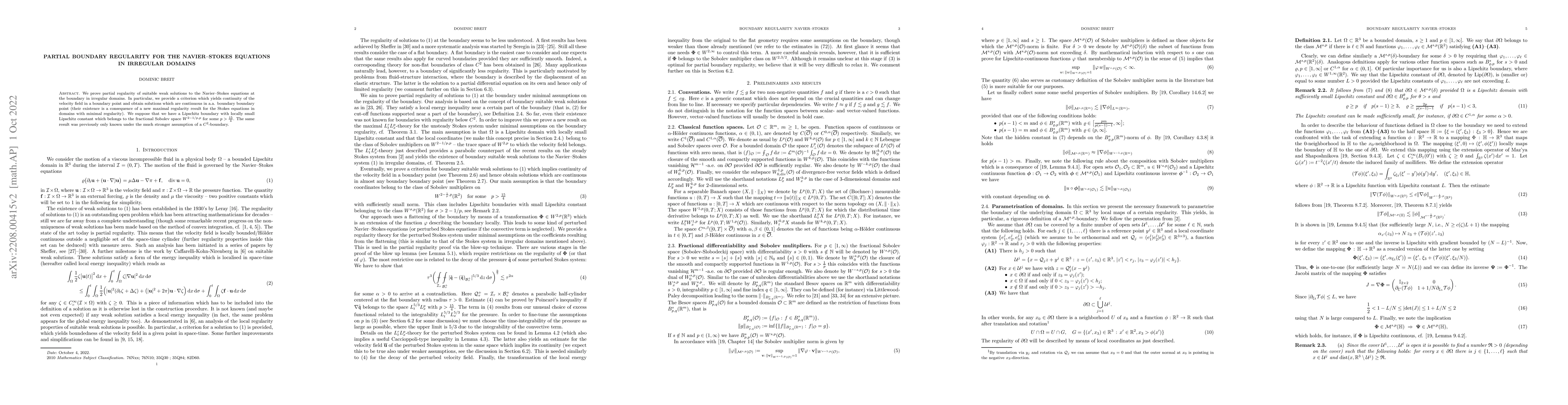 Thumbnail for Partial boundary regularity for the Navier-Stokes equations in irregular
  domains