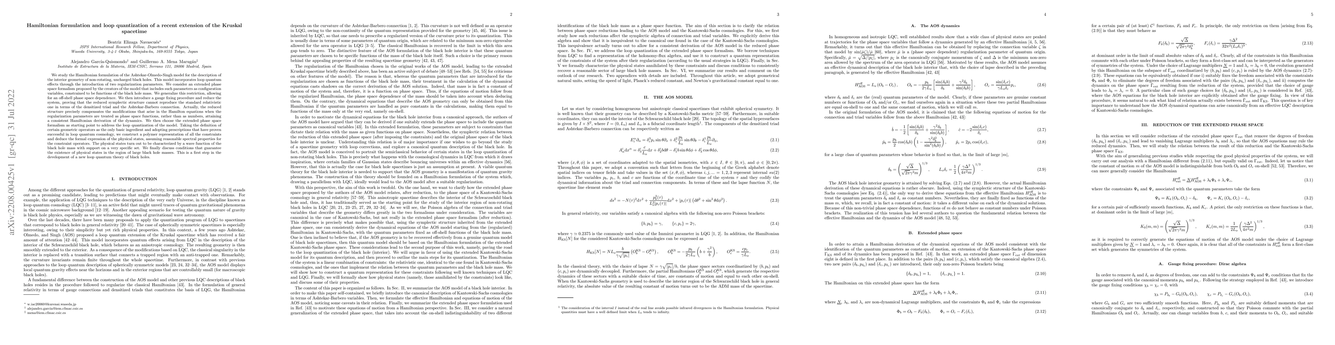 Thumbnail for Hamiltonian formulation and loop quantization of a recent extension of
  the Kruskal spacetime