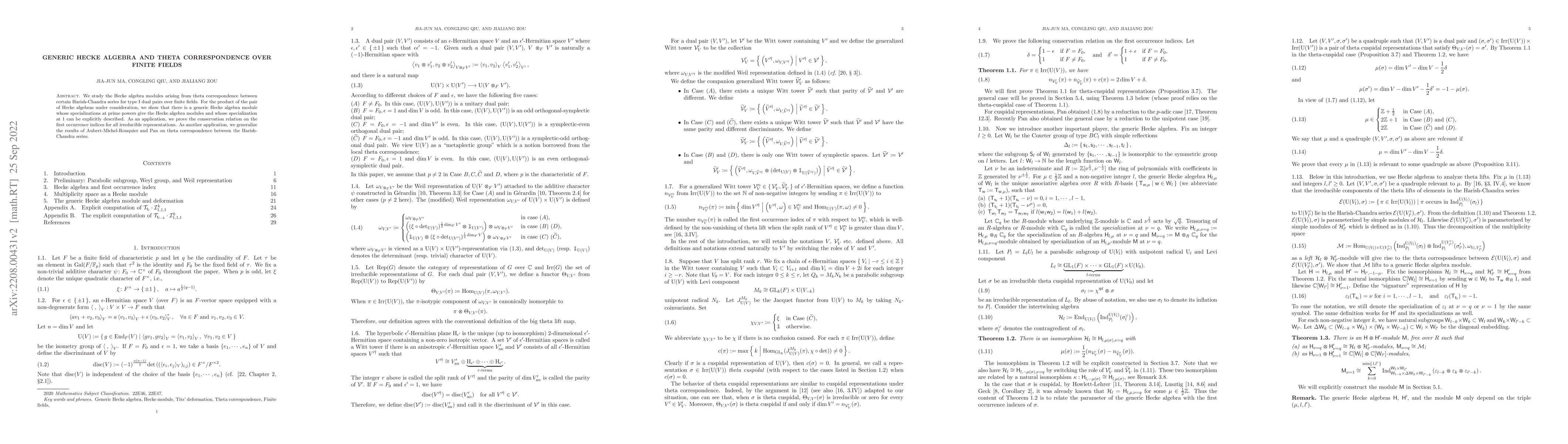 Thumbnail for Generic Hecke algebra and theta correspondence over finite fields