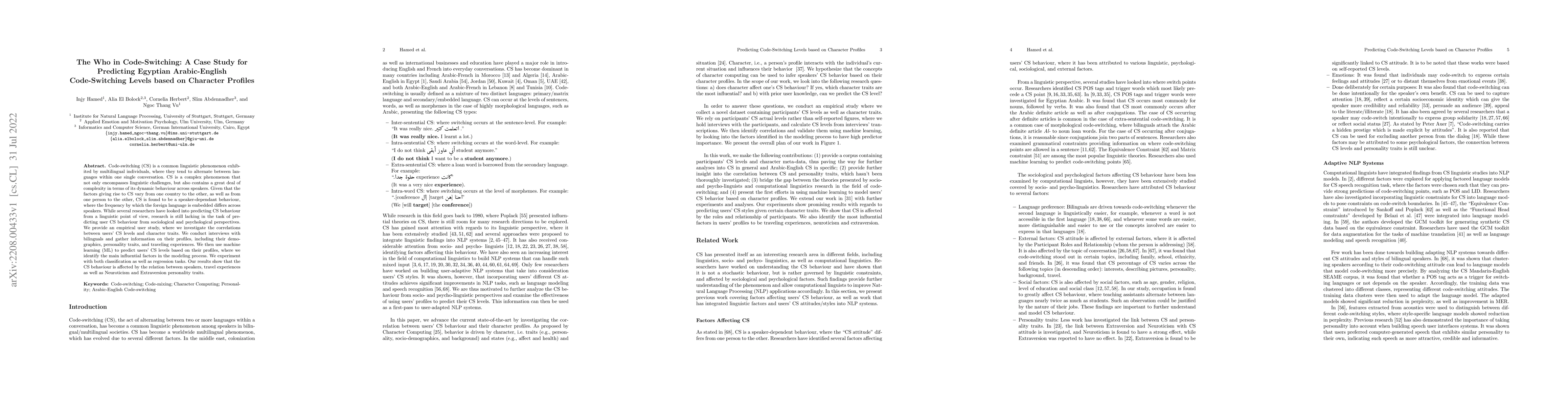 Thumbnail for The Who in Code-Switching: A Case Study for Predicting Egyptian
  Arabic-English Code-Switching Levels based on Character Profiles