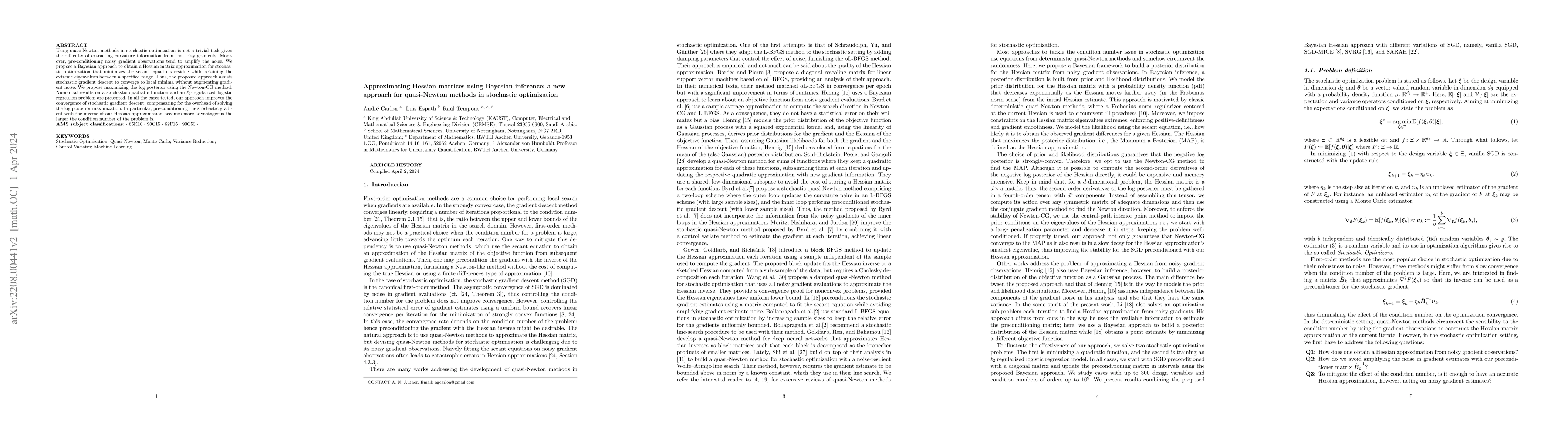 Thumbnail for Approximating Hessian matrices using Bayesian inference: a new approach
  for quasi-Newton methods in stochastic optimization