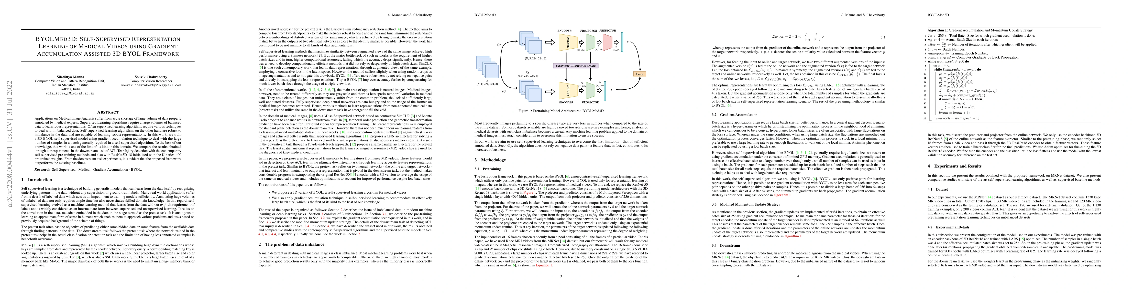 Thumbnail for BYOLMed3D: Self-Supervised Representation Learning of Medical Videos
  using Gradient Accumulation Assisted 3D BYOL Framework