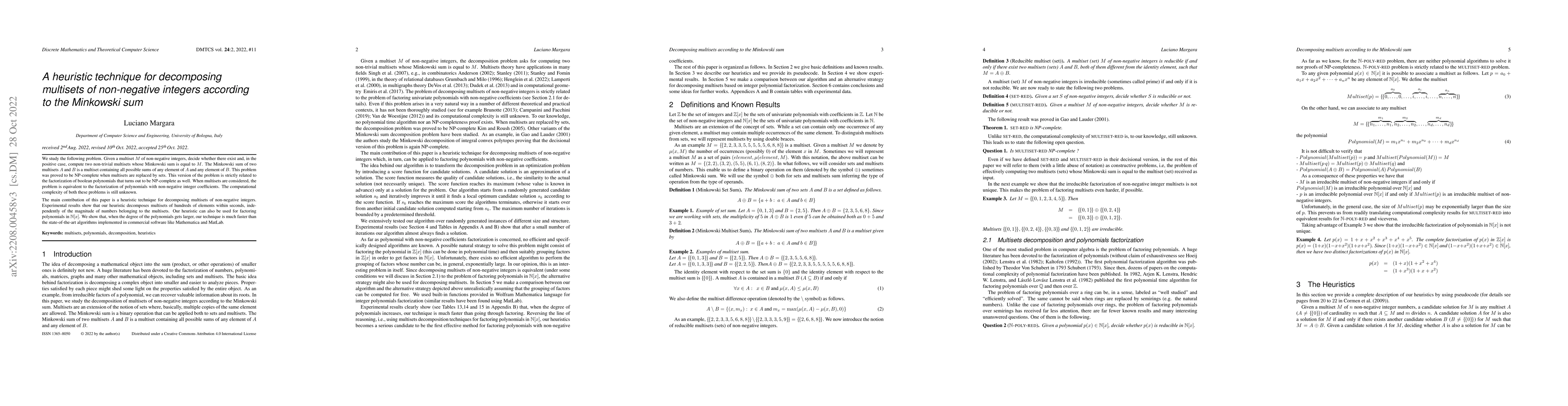 Thumbnail for A heuristic technique for decomposing multisets of non-negative integers
  according to the Minkowski sum
