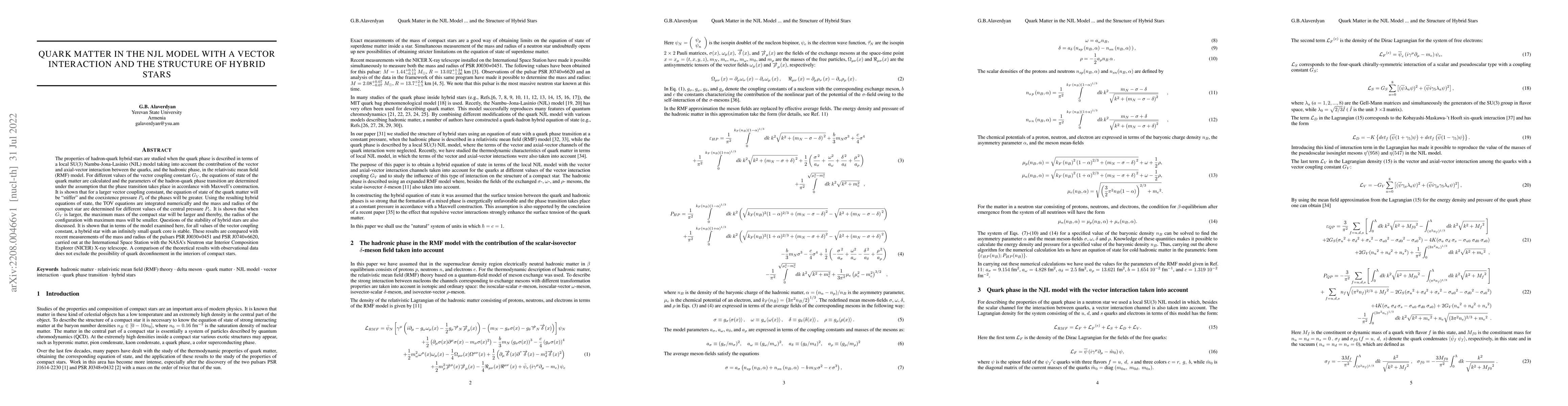 Thumbnail for Quark Matter in the NJL Model with a Vector Interaction and the
  Structure of Hybrid Stars