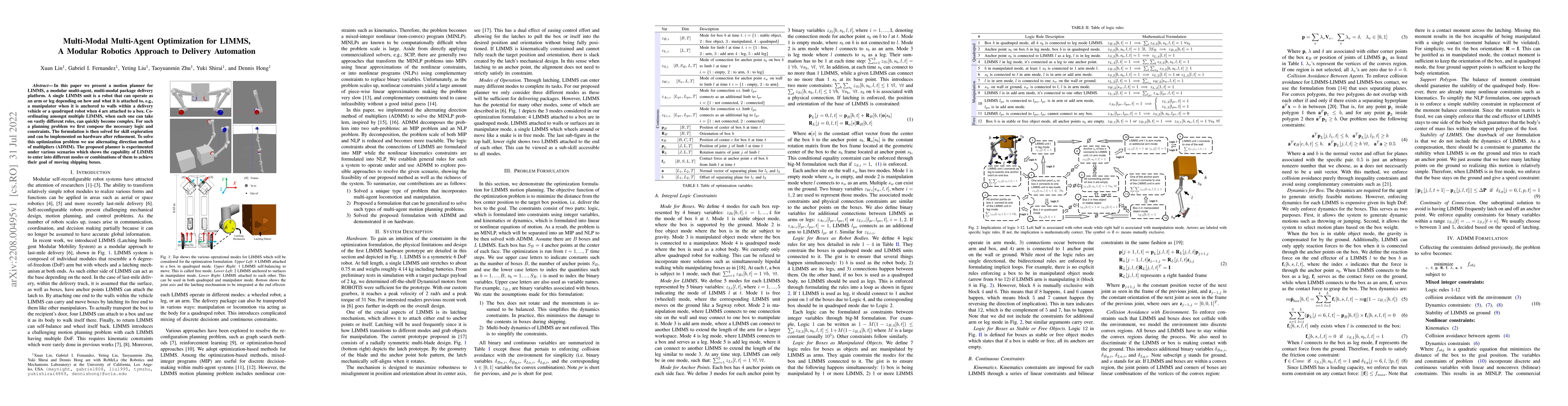 Thumbnail for Multi-Modal Multi-Agent Optimization for LIMMS, A Modular Robotics
  Approach to Delivery Automation