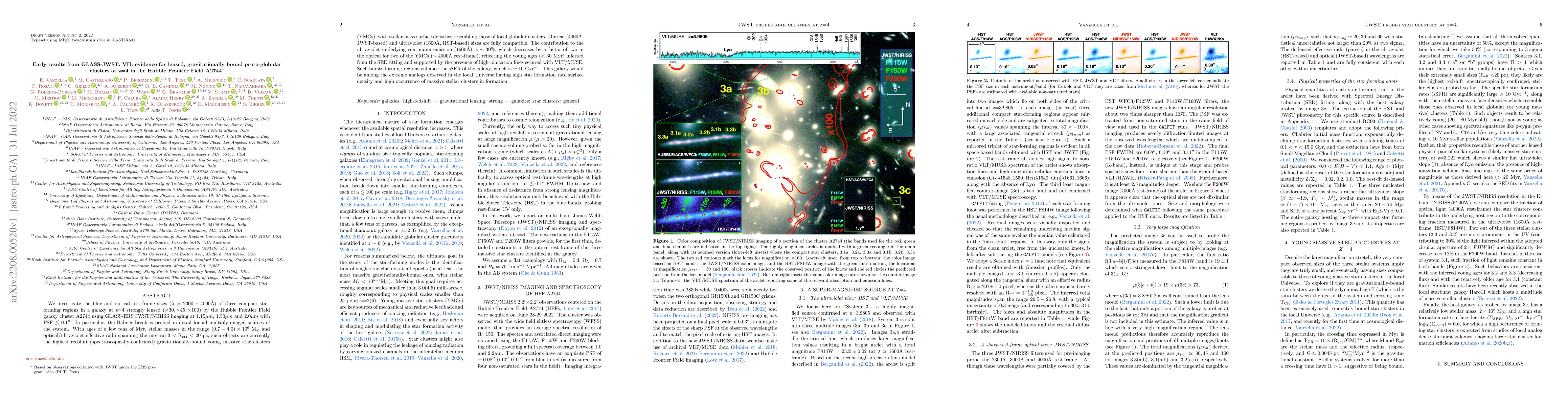 Thumbnail for Early results from GLASS-JWST. VII: evidence for lensed, gravitationally
  bound proto-globular clusters at z=4 in the Hubble Frontier Field A2744