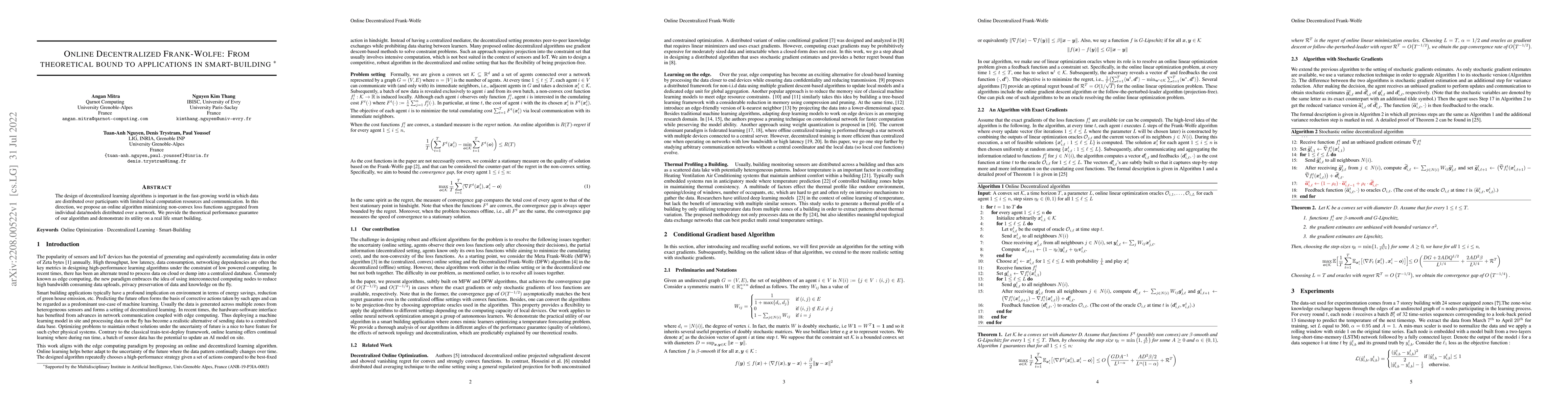 Thumbnail for Online Decentralized Frank-Wolfe: From theoretical bound to applications
  in smart-building