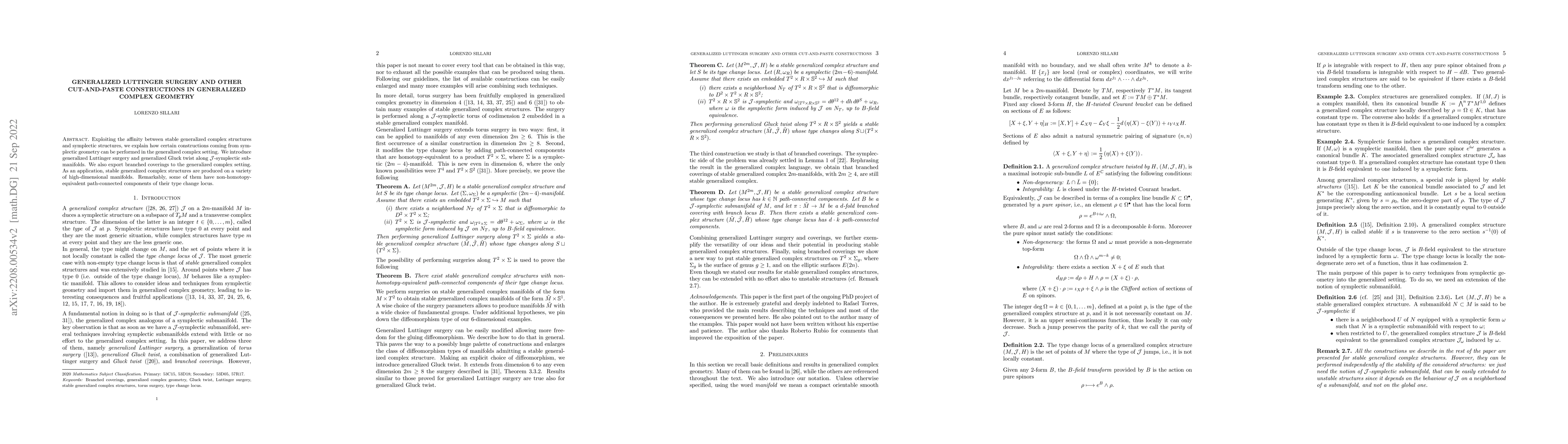 Thumbnail for Generalized Luttinger surgery and other cut-and-paste constructions in
  generalized complex geometry