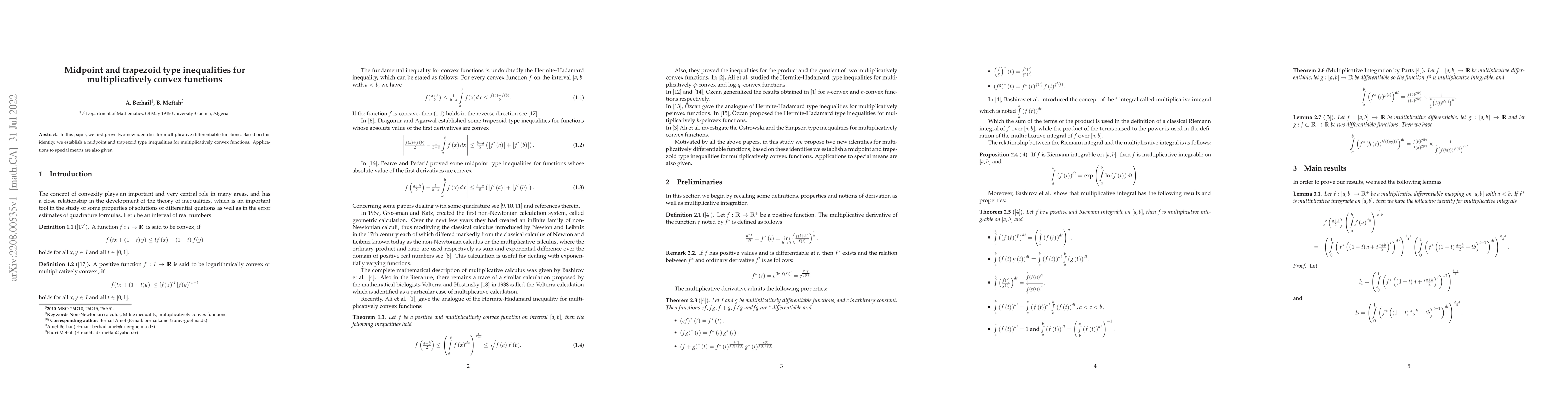 Thumbnail for Midpoint and trapezoid type inequalities for multiplicatively convex
  functions