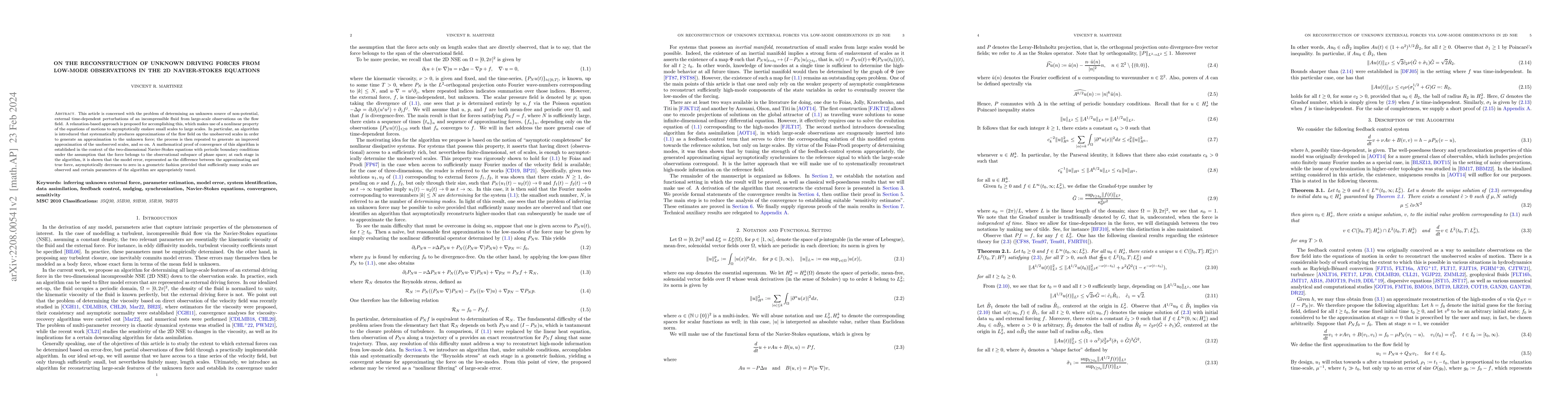 Thumbnail for On the reconstruction of unknown driving forces from low-mode
  observations in the 2D Navier-Stokes Equations