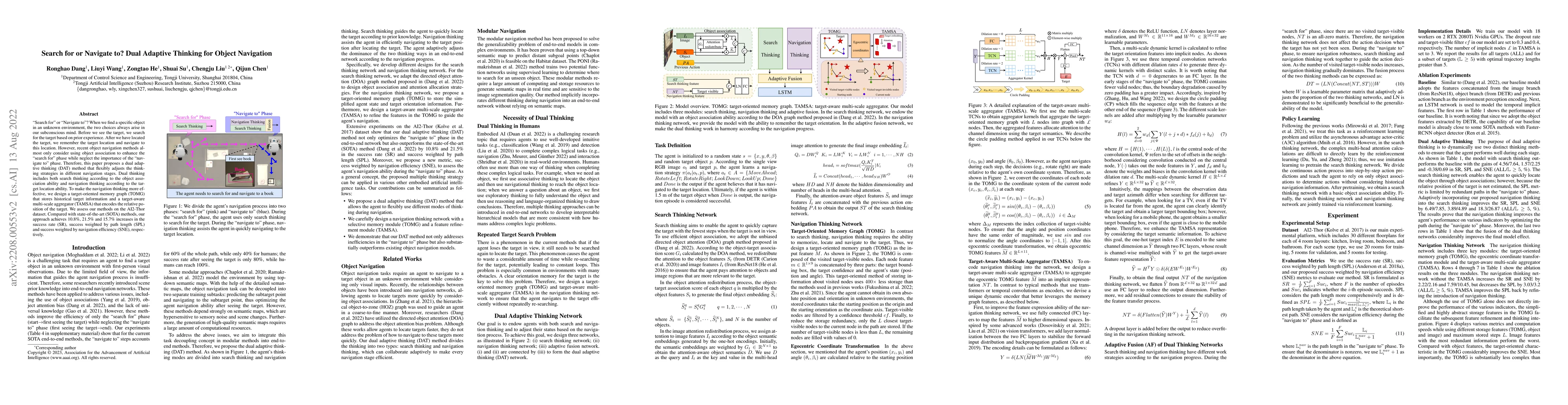 Thumbnail for Search for or Navigate to? Dual Adaptive Thinking for Object Navigation