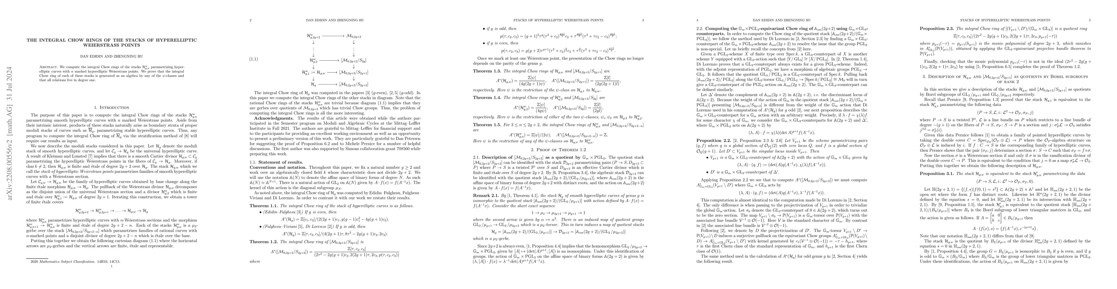 Thumbnail for The integral Chow rings of the stacks of hyperelliptic Weierstrass
  points