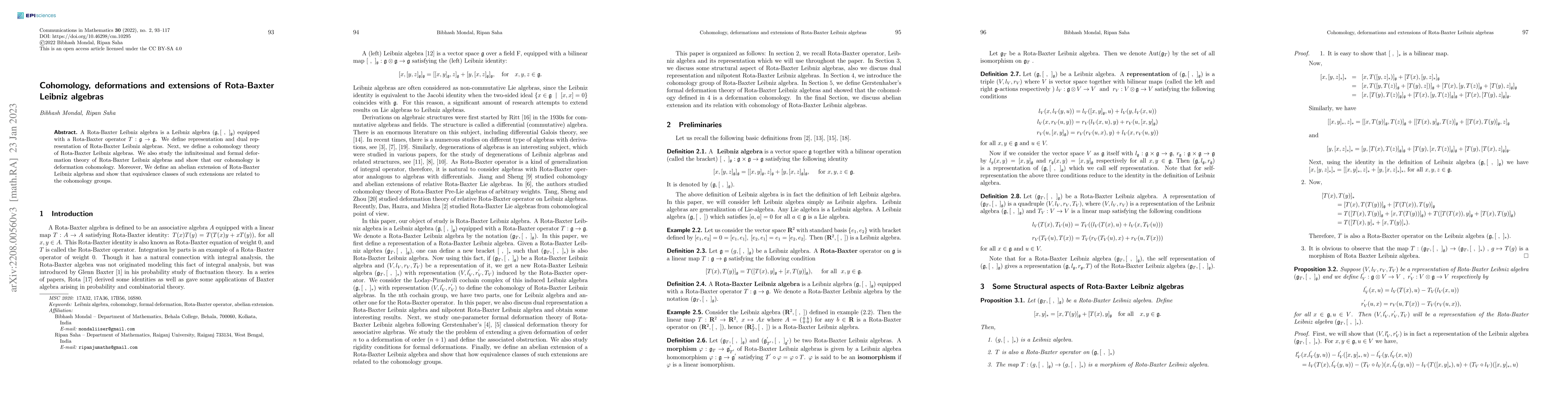 Thumbnail for Cohomology, deformations and extensions of Rota-Baxter Leibniz algebras