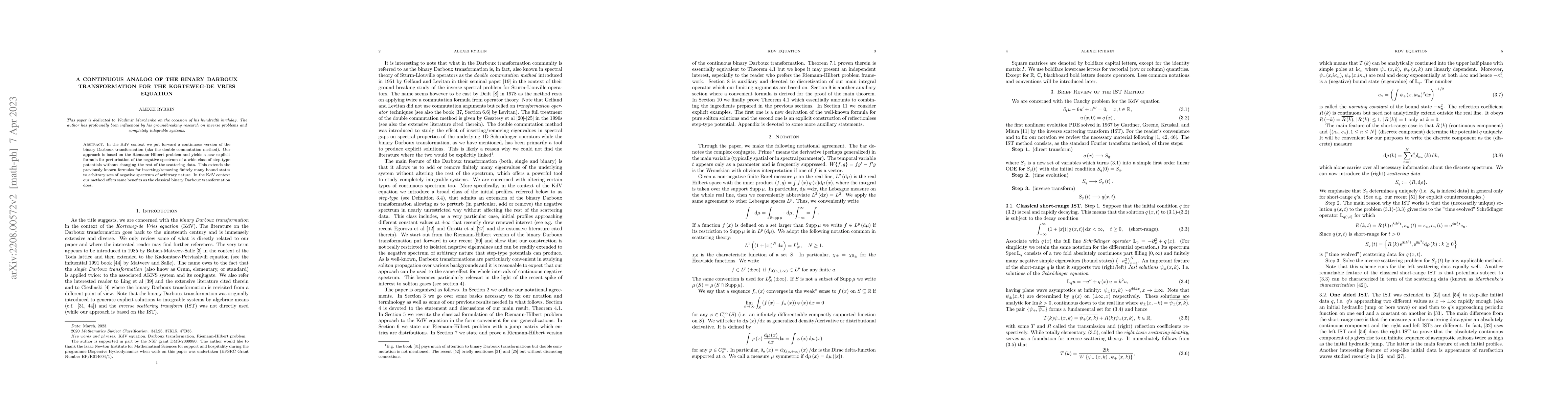 Thumbnail for A continuous analog of the binary Darboux transformation for the
  Korteweg-de Vries equation