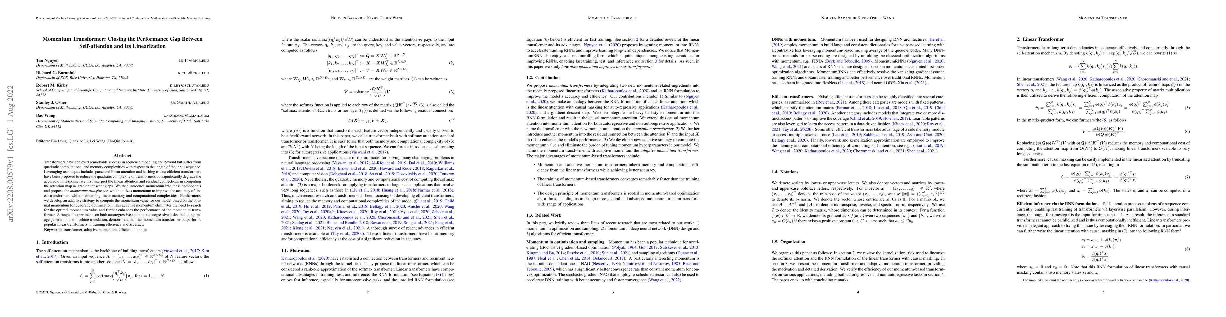 Thumbnail for Momentum Transformer: Closing the Performance Gap Between Self-attention
  and Its Linearization