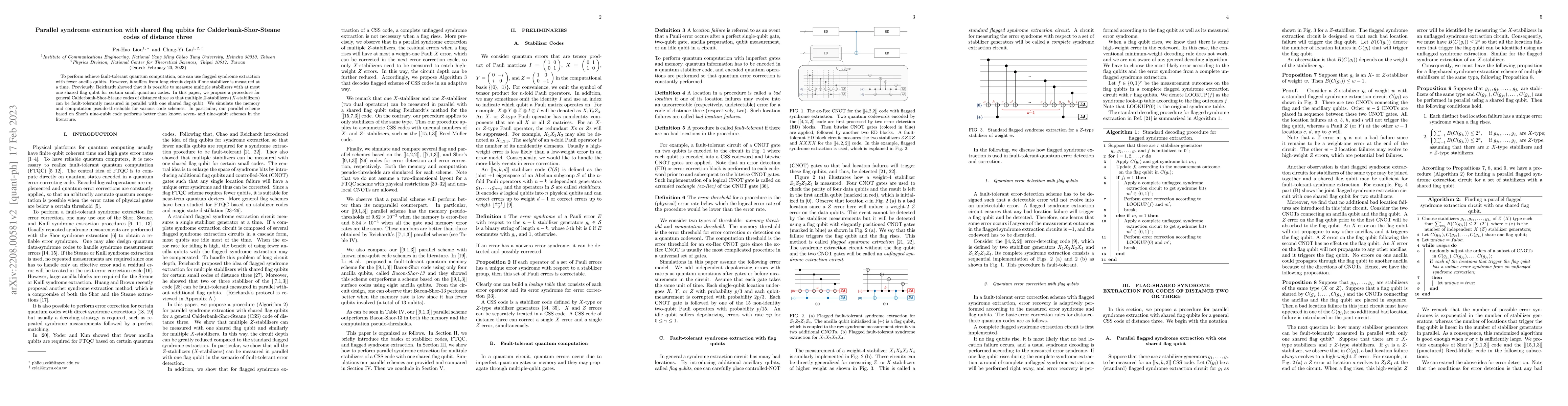 Thumbnail for Parallel syndrome extraction with shared flag qubits for
  Calderbank-Shor-Steane codes of distance three