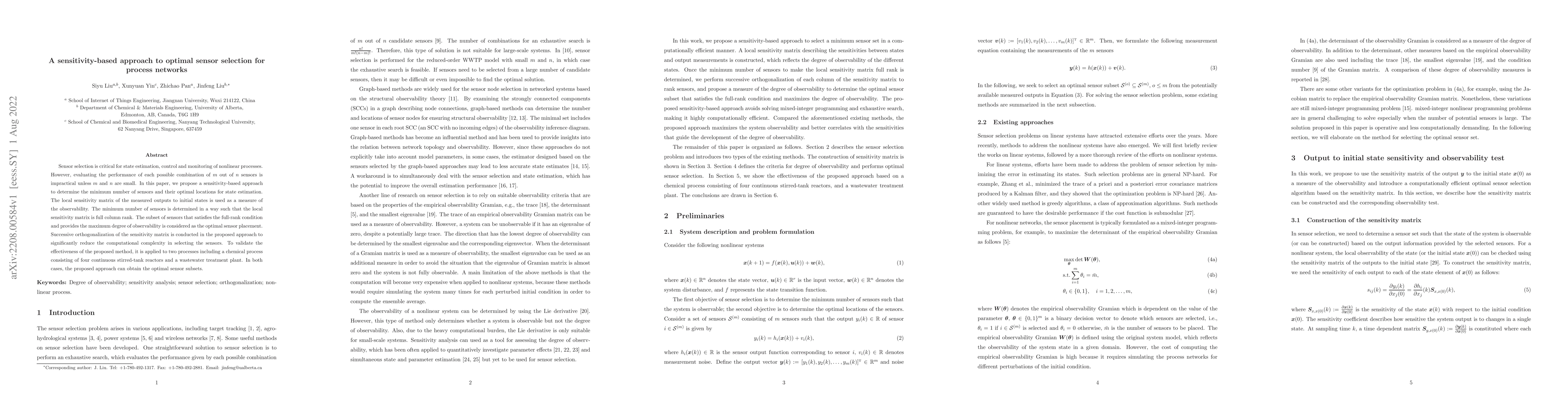 Thumbnail for A sensitivity-based approach to optimal sensor selection for process
  networks