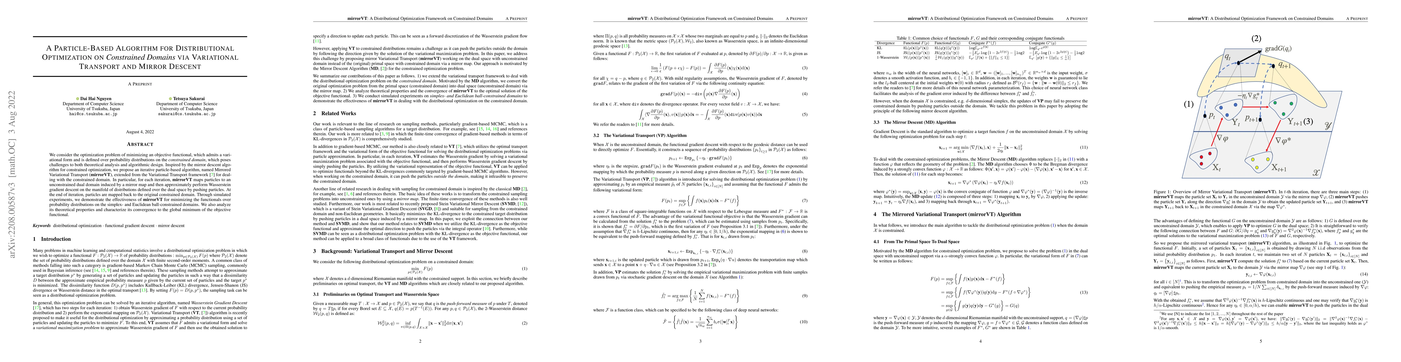 Thumbnail for A Particle-Based Algorithm for Distributional Optimization on
  \textit{Constrained Domains} via Variational Transport and Mirror Descent
