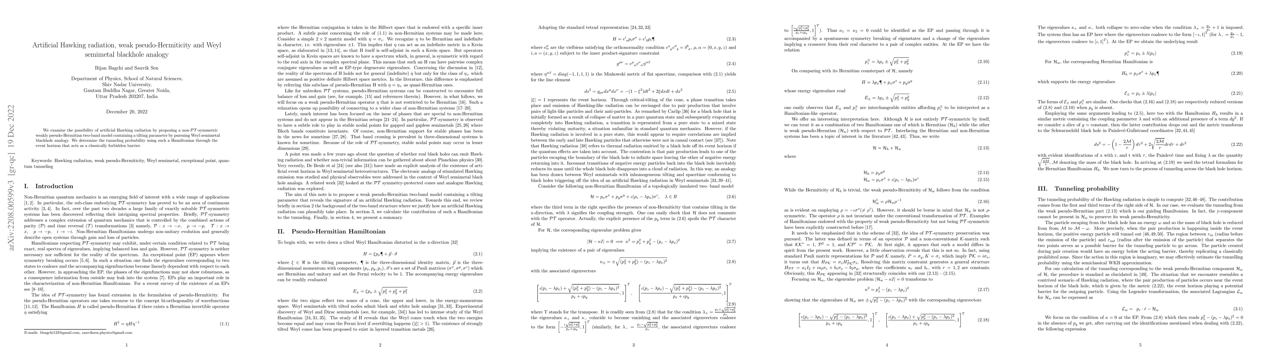 Thumbnail for Artificial Hawking radiation, weak pseudo-Hermiticity and Weyl semimetal
  blackhole analogy