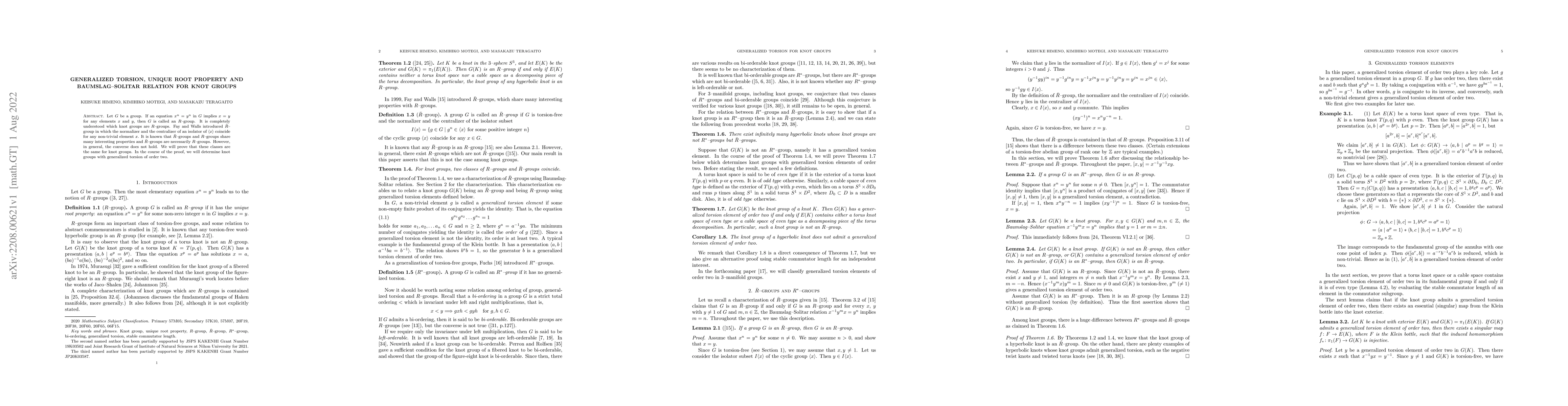 Thumbnail for Generalized torsion, unique root property and Baumslag--Solitar relation
  for knot groups