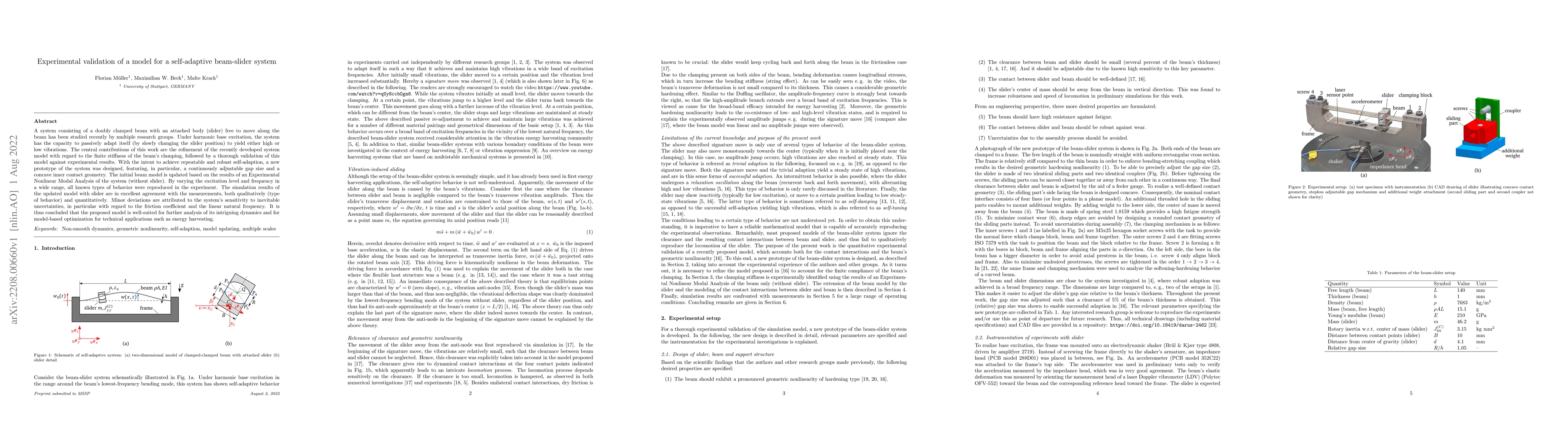 Thumbnail for Experimental validation of a model for a self-adaptive beam-slider
  system