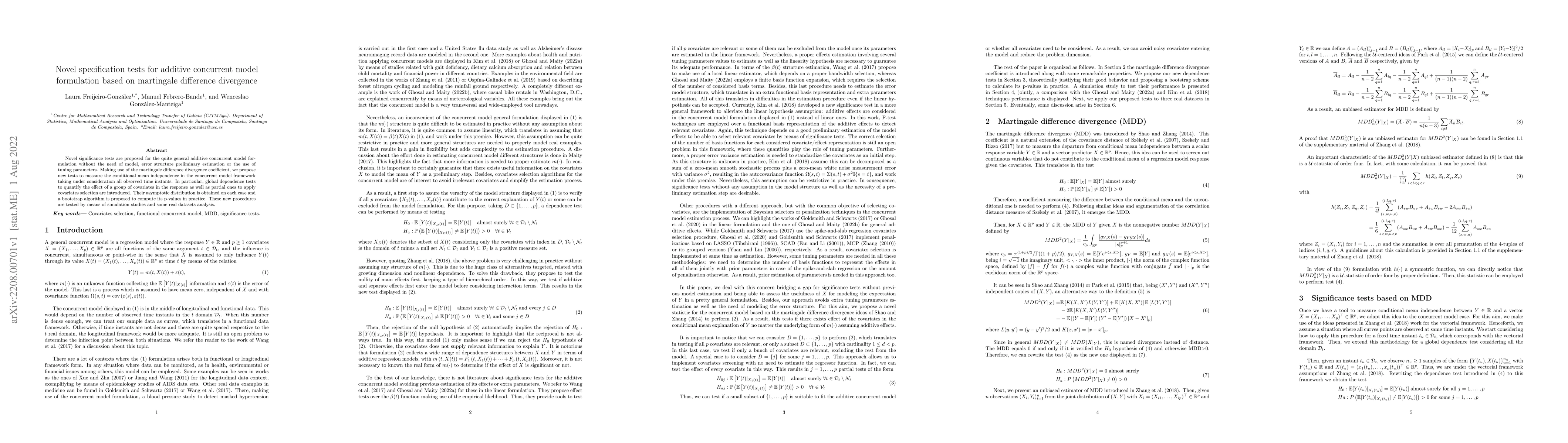 Thumbnail for Novel specification tests for additive concurrent model formulation
  based on martingale difference divergence