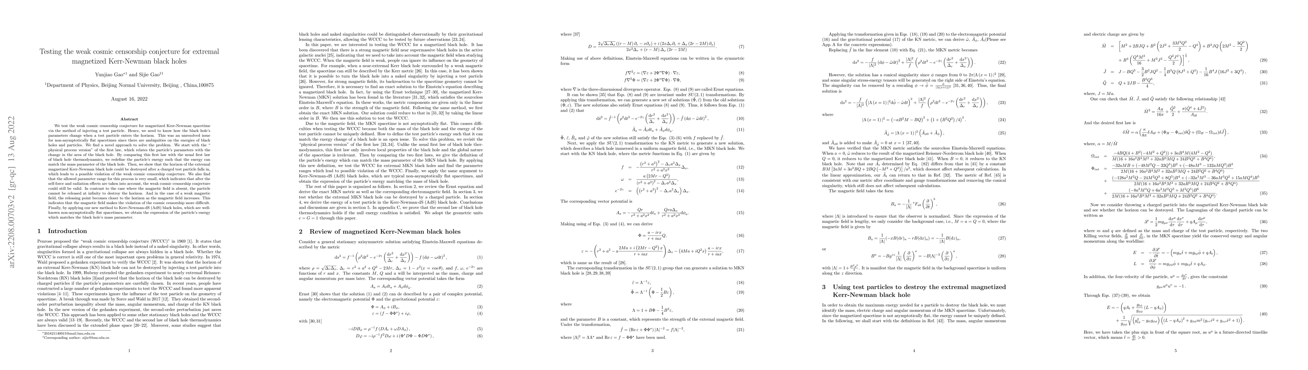 Thumbnail for Testing the weak cosmic censorship conjecture for extremal magnetized
  Kerr-Newman black holes